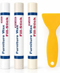 Premium Wood Filler Sticks, White Wax Repair Paste For No Sweat Scratch Fixes On Furniture And Hardwood Floors, including three colors and a scraper.