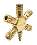 Three Eighth Inch Brass Flat Hex Pneumatic Manifold With Five Quarter Inch Brass Industrial Couplers Preassembled Ready To Use Heavy Duty Kit With Steel Plug
