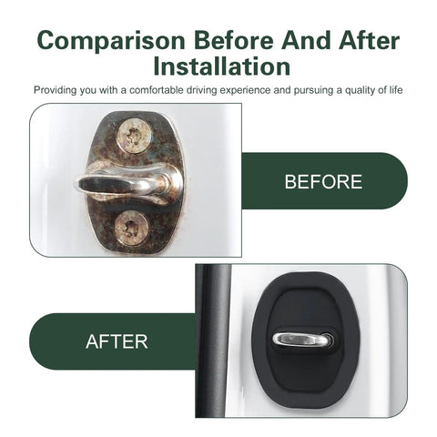 Comparison image showcasing Top Shelf Soft Silicone Door Latch Covers 4 Pack Fits Cars Trucks Suv before and after installation.