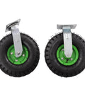 10 Inch Pneumatic Casters Set Of 4 Featuring 2 Swivel And 2 Rigid Heavy Duty Air Tires Rubber Wheels For Heavy Hauling showing two wheels with green hubs and metal brackets.