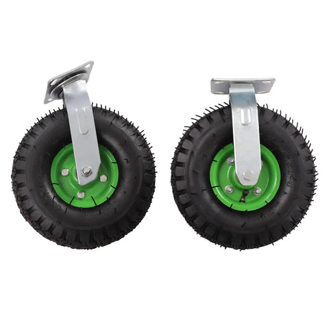 Hardcore 10 Inch Pneumatic Caster Wheels 4 Pack Heavy Duty Black Rubber Swivel Casters with green bracket and tire design.