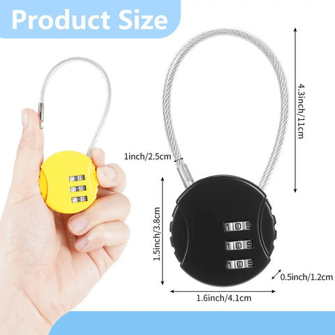 Hand holding yellow lock from Eight Pack 3 Digit Combination Wire Locks set; black lock next to it, showing product size.