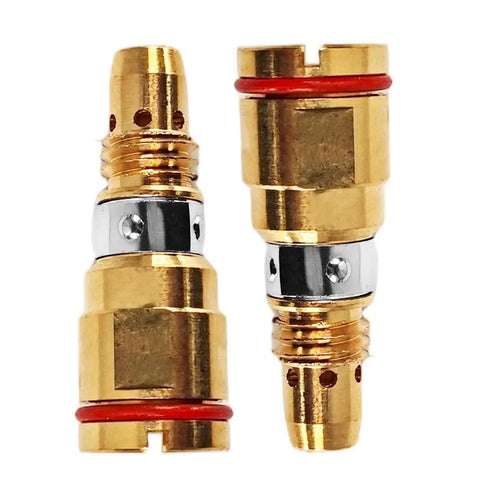 Snazzy 5-Pack Gas Diffuser Fit For Miller MDX Mig Welding Guns, brass gas diffusers with red O-rings and precision holes.
