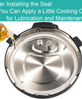 Inside view of 3-quart pressure cooker with installed 2-pack replacement sealing ring for 3 quart pot mini, oil being poured for maintenance.