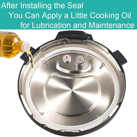 Inside view of 3-quart pressure cooker with installed 2-pack replacement sealing ring for 3 quart pot mini, oil being poured for maintenance.