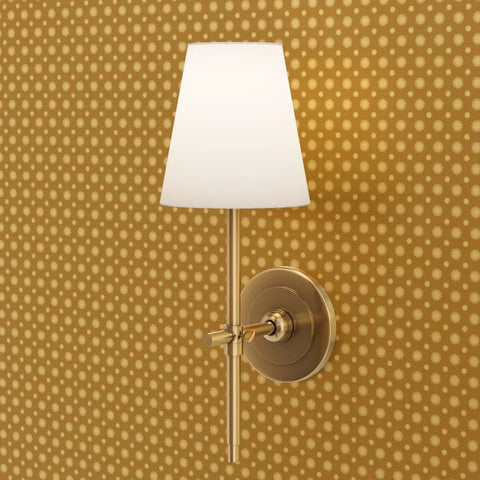 Wall sconce lamp with white shade on Certified Brown Floral Wallpaper With Glittering Gold Metallic Texture.