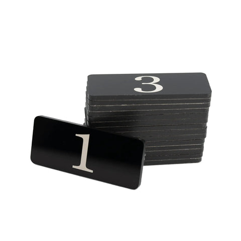 Plastic Rectangle Numbered Stickers 1 To 50 Black Waterproof Self Adhesive Backing in stack with number 1 visible