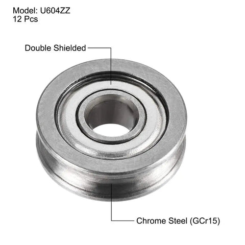 Close-up of 12 Pack U604ZZ Deep U Groove Ball Bearing Set 4x13x4mm Double Shielded Chrome Steel GCr15 for hobbyists and DIYers.