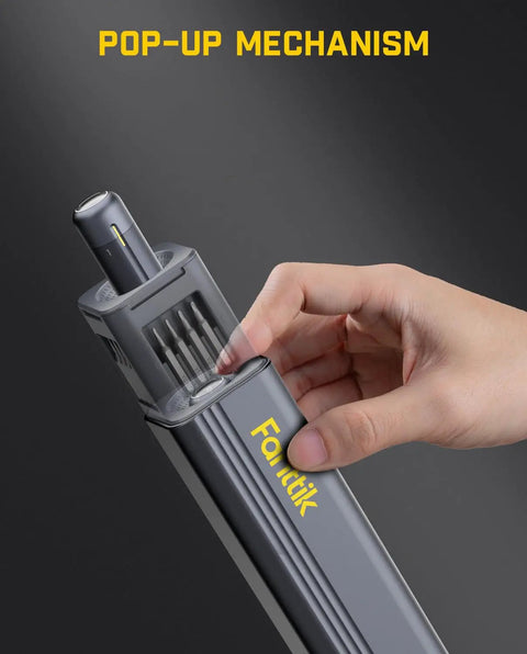 Slick Grip Cordless Electric Screwdriver Set With Heavy Duty Motor And Three Torque Modes For Fast Electronics Repair No Hassle showing the pop-up mechanism in action.