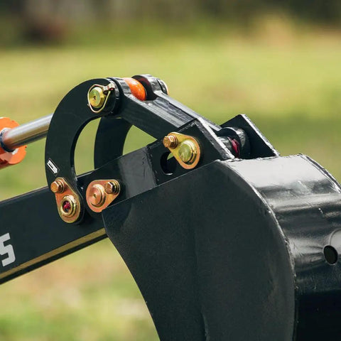 Close-up of hinge mechanism on Fronthoe Excavator Attachment for Skid Steer, 6 ft reach, 3000 PSI Hydraulic Cylinder.