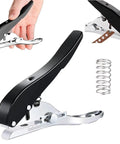 Heavy Duty Round Hole Punch One Quarter Inch 6mm Handheld Paper Punch, black, zinc alloy with spring, shown from various angles