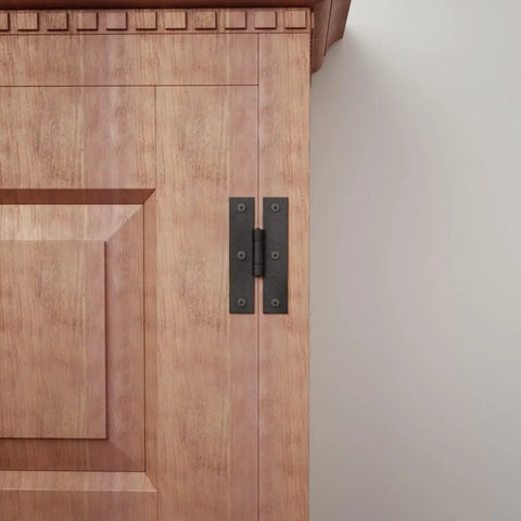Heavy Duty Pack Of 2 Black Wrought Iron H Door Hinges 3 Inch Flush Mount Cabinet Hardware displayed on a wooden cupboard.