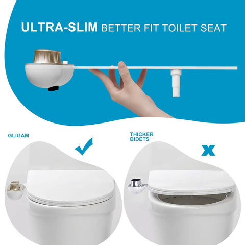 Hand holding Ultra Slim Toilet Bidet Attachment with Warm Water and Cold Water Non Electric Front and Rear Wash features.