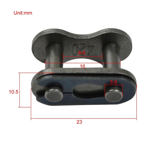 Top Notch 20 Pcs 420 Chain Master Links With 1/2 Inch Pitch And 5/16 Inch Roller, detailed view with measurements in mm.