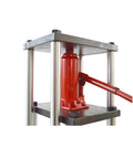 5 Ton Manual Hydraulic Tensile Test Stand With Push Pull Force Gauge And Compression Frame For Material Testing, Built Tough Jack System, Adjustable Stroke 125mm, 240mm Compression Chamber, 120mm Gripping Range. Manual hydraulic test stand with red jack and steel frame