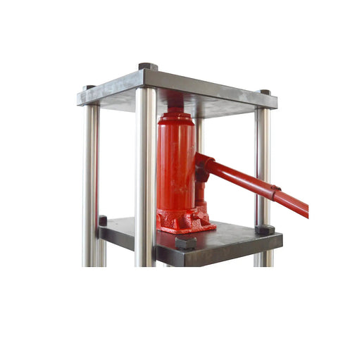 5 Ton Manual Hydraulic Tensile Test Stand With Push Pull Force Gauge And Compression Frame For Material Testing, Built Tough Jack System, Adjustable Stroke 125mm, 240mm Compression Chamber, 120mm Gripping Range. Manual hydraulic test stand with red jack and steel frame