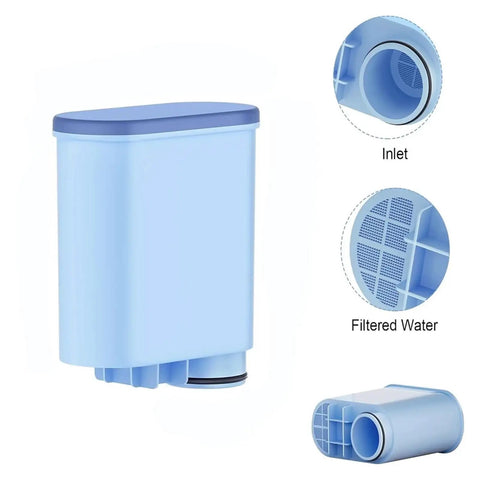 Straight Up Premium Water Filters For Coffee Machines compatible filter cartridge in blue with inlet and filtered water sections.