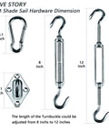 Heavy Duty Triangle Shade Sail Hardware Kit featuring 8-12 inch stainless steel turnbuckles and pad eyes for garden patio installation.