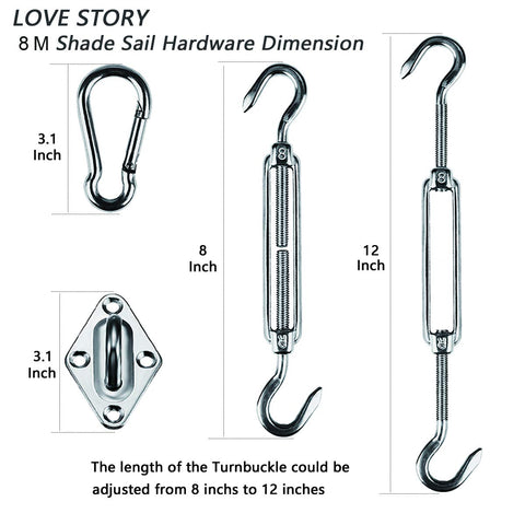 Heavy Duty Triangle Shade Sail Hardware Kit featuring 8-12 inch stainless steel turnbuckles and pad eyes for garden patio installation.