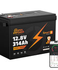 Beefy 12.8V LiFePO4 Battery With Bluetooth 200A BMS Over Fifteen Thousand Deep Cycles Low Temperature Protection Ideal For RV Solar Marine Off Grid And Home Backup, shown with smartphone app for monitoring battery health.