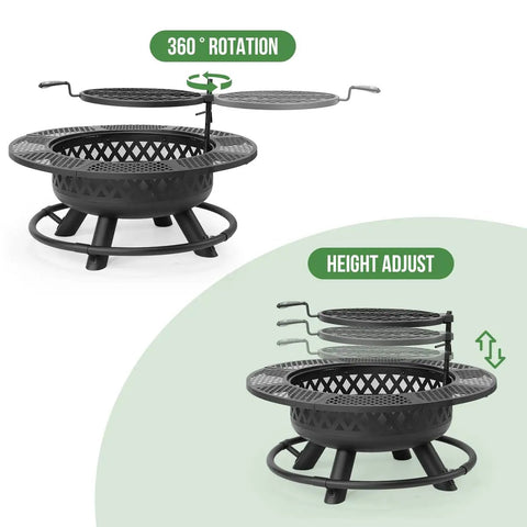36 Inch Round Metal Fire Pit with Grill for Outdoor Yards and Patios 3 in 1 Wood Burning Fire Pit Table with adjustable grill height