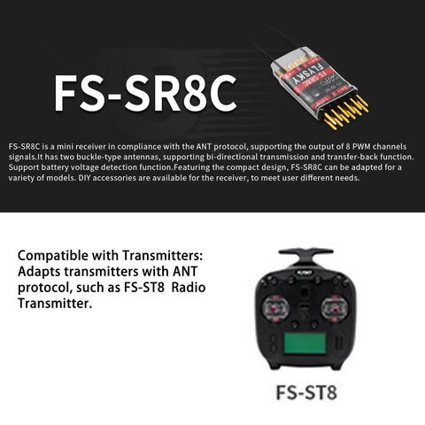 2.4GHz ANT Protocol 8CH RC Receiver With Dual Antennas Rock Solid Two Way Link PWM Outputs For Great Control Compatible With Flysky FS-ST8 Transmitter Perfect For RC Airplanes And Robots next to FS-ST8 Transmitter