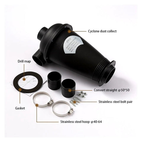 Power Up Your Vacuum With This Cyclone Filter For Industrial And Home Use, Dust Separator With Black B Adapters shown with parts