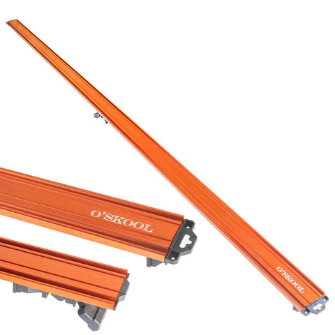 Top Shelf 50 Inch Aluminum Straight Edge Cut Guide For Circular Saw Router And Jigsaw with an orange finish and quick lock clamp.