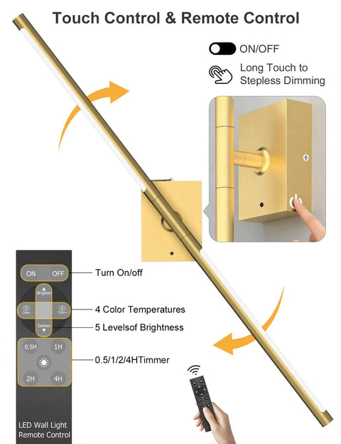 Slick Wireless Rechargeable Wall Sconces Set Of 2 Battery Powered Gold Light Fixtures showing remote control with touch dimming feature.