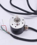 Incremental Rotary Encoder 600PPR Optical AB Two-Phase Quadrature Output, 6mm shaft, shown with wiring and cables.