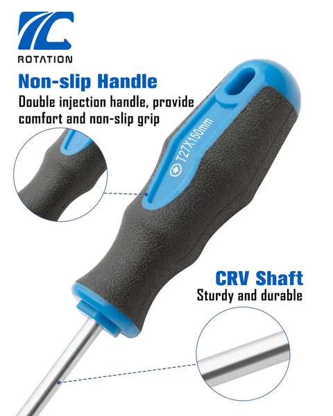 Close-up of cushioned grip handle of 10 Piece Magnetic Torx Screwdriver Set With Center Hole, showing blue non-slip design.