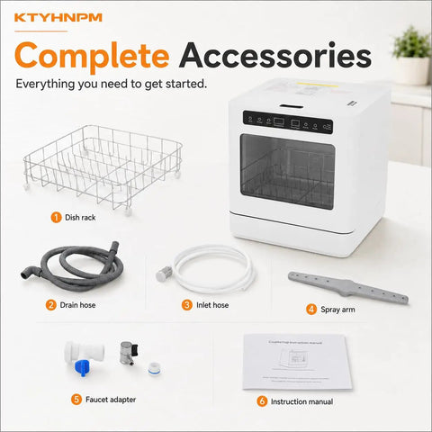 Complete accessories for the Slick Compact Countertop Dishwasher With Easy Touch Interface and Four Custom Cycles for Zero Sweat Cleaning.