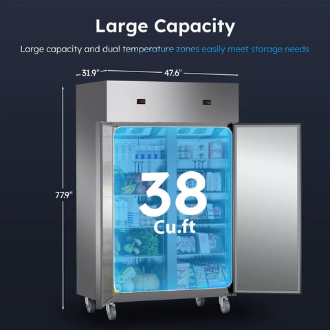 Heavy Duty Commercial Fridge And Freezer Combo With 48 Inch Width And 38 Cubic Feet showing large capacity and dual temperature zones.