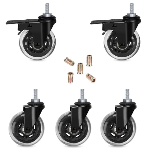 Three Inch Casters With 5/16-18 UNC Threaded Stem Two Casters With Brake Lock And Three Without Locking Bearing Swivel Casters With Screw In Inserts