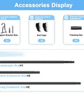 Accessories for Heavy Duty No Drill Tension Curtain Rod Black Adjustable 41 To 185 Inch Extra Long Rod shown with parts.