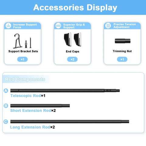 Accessories for Heavy Duty No Drill Tension Curtain Rod Black Adjustable 41 To 185 Inch Extra Long Rod shown with parts.
