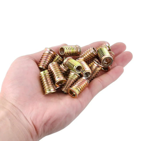 50 Pieces 5/16-18 Threaded Wood Inserts Set For Furniture Making And DIY Projects Flush Nut Inserts held in a hand