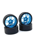 Blue metal wheel set for 1/28 RC cars 26.5mm outer diameter upgrade replacement for WLtoys, Kyosho, durable lightweight design.