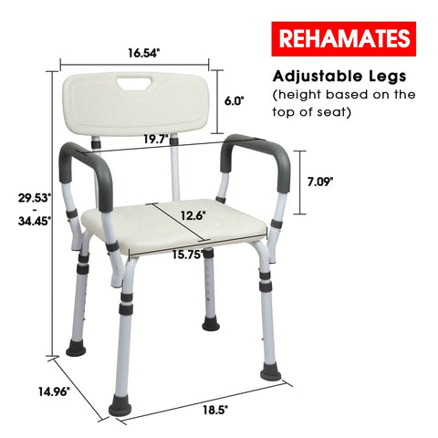 Dimensions of Arms And Back Shower Chair With Tool Free Assembly, Lightweight Powder Coated Aluminum Bath Seat with adjustable legs.