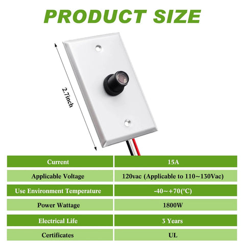 Two Pack Photocell Sensor Kit for Outdoor Lights With Wall Plate, product specifications with dimensions and electrical ratings.