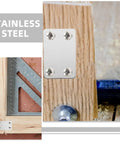 Flat Brackets With Screws For Wood Repair And Home Improvement Stainless Steel Mending Plates installed on wooden surface