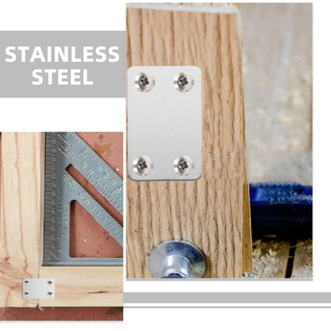 Flat Brackets With Screws For Wood Repair And Home Improvement Stainless Steel Mending Plates installed on wooden surface