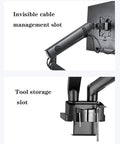 Adjustable Dual Monitor Arm Desk Mount With Smooth Mechanical Spring Height Tilt Swivel Rock Solid Clamp Base showing cable management and tool storage slots.
