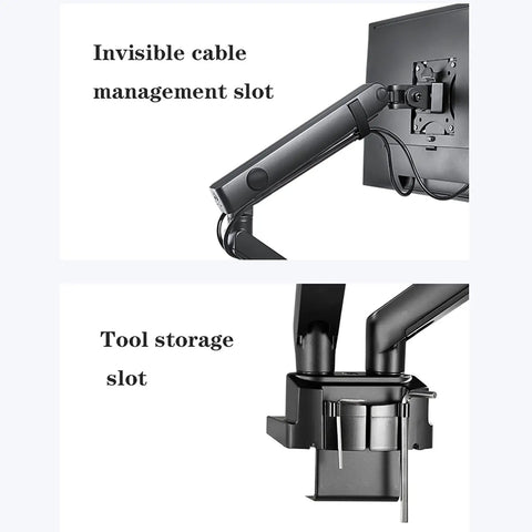 Adjustable Dual Monitor Arm Desk Mount With Smooth Mechanical Spring Height Tilt Swivel Rock Solid Clamp Base showing cable management and tool storage slots.