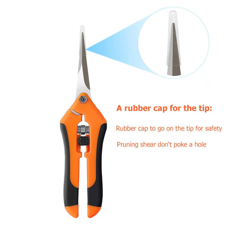Close-up of 4 Pack Pruning Shears 6.5 Inch Garden Scissors with Sharp Stainless Steel Blades, orange ergonomic handles, and rubber tip cap