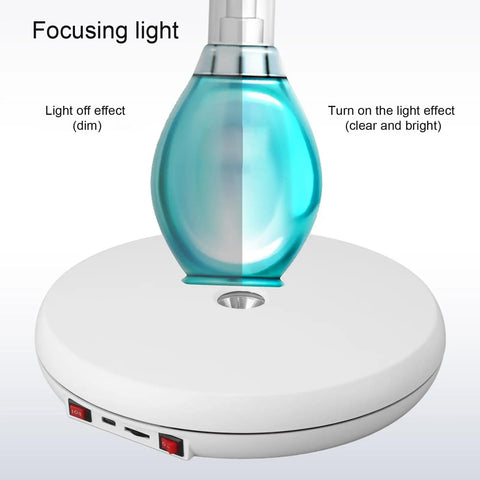 Stunning 25 Cm Electric Rotating Display Stand With Led Light showcasing light effects on a blue bottle, demonstrating clarity and brightness.