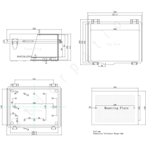 Technical drawing of Outdoor Electrical Box Enclosure With Clear Hinged Cover IP67 Waterproof ABS Project Box Stainless Steel Latch.