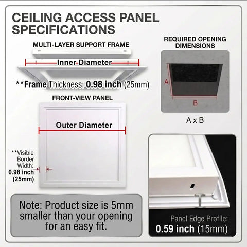 Ceiling access panel specifications showing multi-layer support frame and dimensions for Top Shelf Heavy Duty Ceiling Access Panel For Drywall And Electrical Conduits With Sleek Aluminum Magnetic Latch Concealed Recessed Hatch Cover Plate White 18 By 24 Inch Flush Seam Design Quick Setup Zero Sweat Job.
