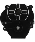 Front view of Heavy Duty CNC Aluminum Transmission Gearbox With Sixteen Point Six To One Gears Pinion For TRX4M 1 To 18 Scale RC Crawler Upgrade Black