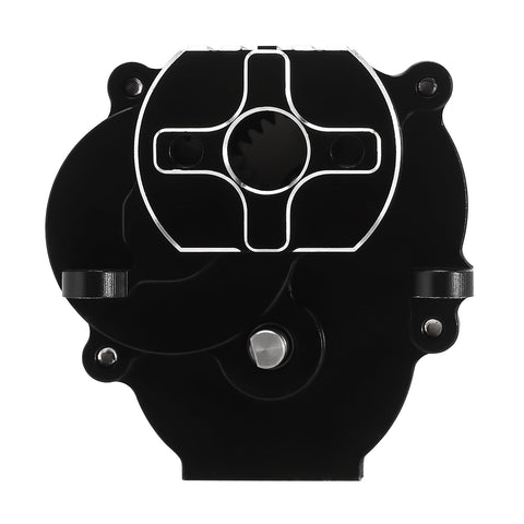 Front view of Heavy Duty CNC Aluminum Transmission Gearbox With Sixteen Point Six To One Gears Pinion For TRX4M 1 To 18 Scale RC Crawler Upgrade Black